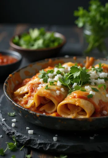 Enchiladas de pollo encebolladas servidas con crema y cilantro