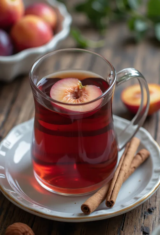 Té de ciruela con canela en una taza humeante