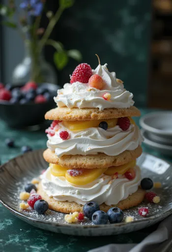 Pastel de merengue decorado con frutas