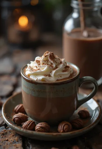 Cacao espumoso decorado con crema batida y virutas de chocolate