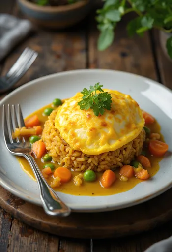 Omurice al curry, arroz al curry jugoso y omelette suave