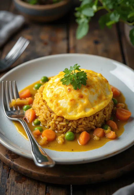 Omurice al curry, arroz al curry jugoso y omelette suave