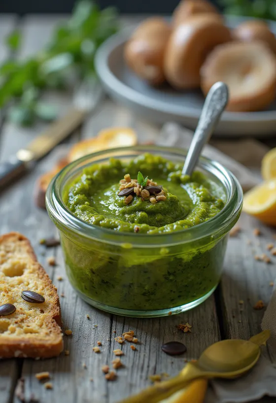 Pesto con semillas de calabaza y albahaca servido con pasta fresca