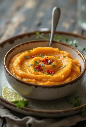 Puré de camote asado con cilantro servido