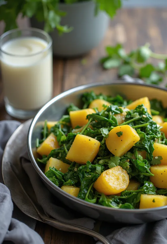 Aloo Palak Sabzi en un tazón, decorado con cilantro fresco