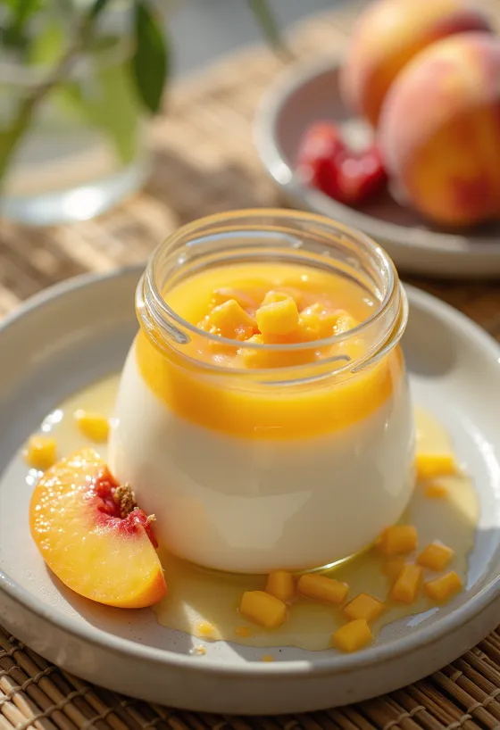 Panna cotta con puré de durazno servida