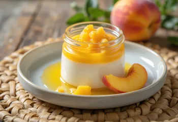 Panna cotta con puré de durazno servida