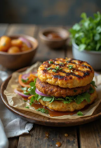 Hamburguesas de garbanzo asadas al BBQ servidas