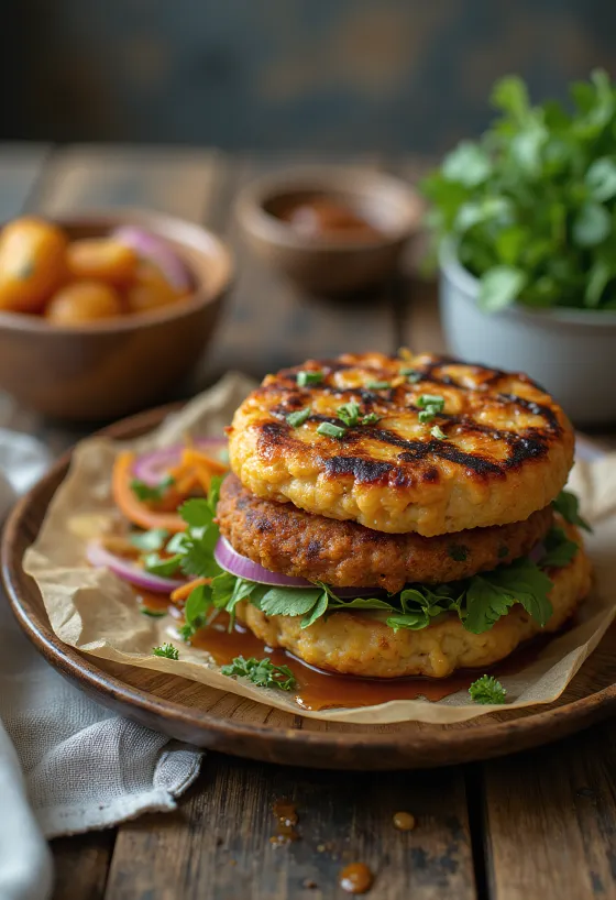Hamburguesas de garbanzo asadas al BBQ servidas