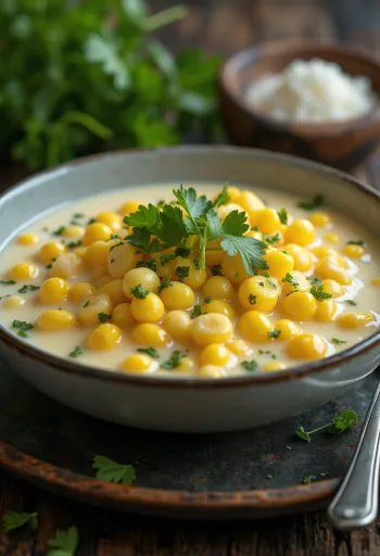 Chè con elote, servido con leche de coco y vainilla, decorado con cilantro fresco