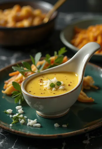 Salsa cremosa de cebolla al curry servida