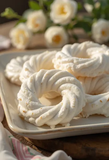 Anillos de merengue blanco crujiente en decoración festiva
