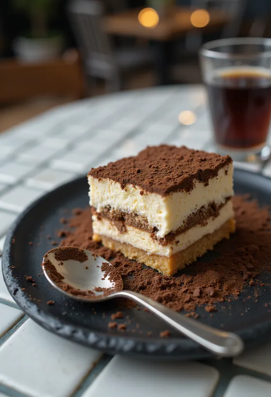 Pastel de tiramisú espumoso espolvoreado con cacao