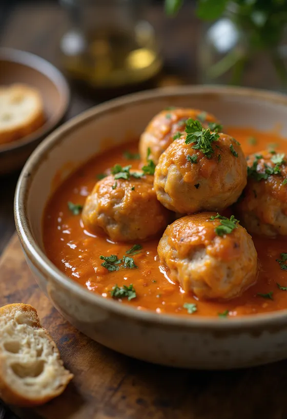 Albóndigas servidas con salsa de tomate y guarnición