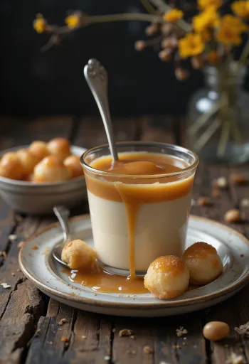 Pudín de caramelo decorado con crema batida y salsa de caramelo encima.