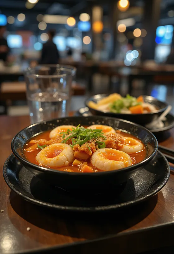Tteokbokki con kimchi - pastel de arroz coreano servido con kimchi picante y ajonjolí