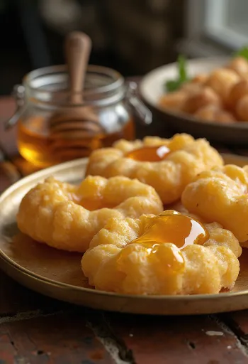 Luchi servido con miel, tortitas doradas y crujientes con un chorrito de miel