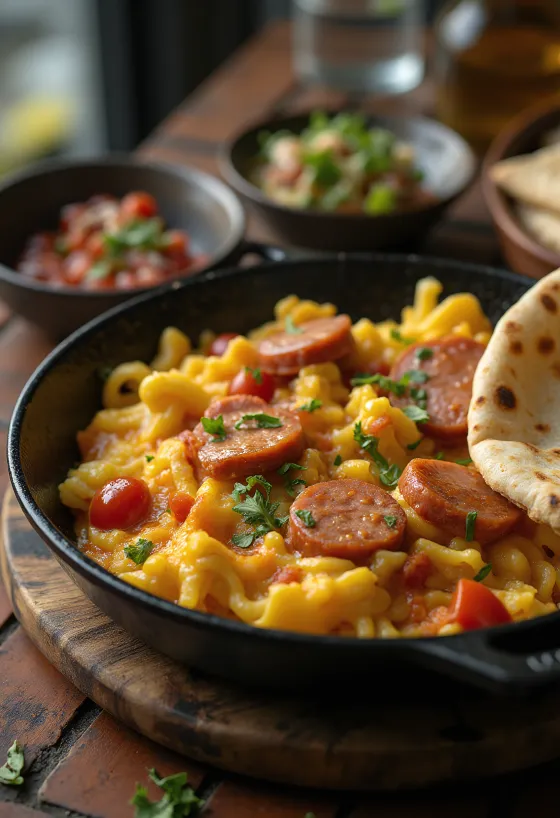 Menemen clásico con sucuk, desayuno turco con huevo, pimiento y tomate