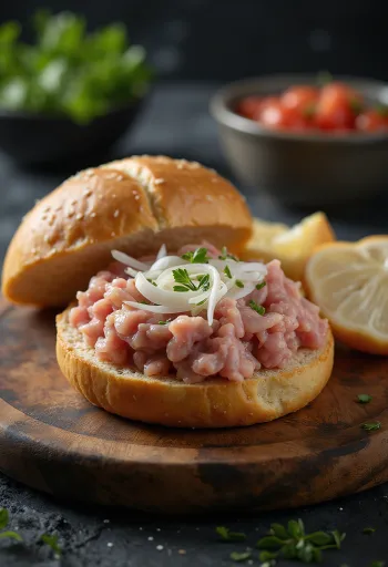 Mettbrötchen, carne de cerdo cruda en panecillo con cebolla