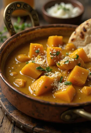 Curry cremoso de calabaza con cilantro fresco servido