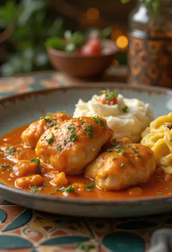 Pollo paprikash con crema, piezas de pollo jugosas servidas en salsa suave de páprika y crema