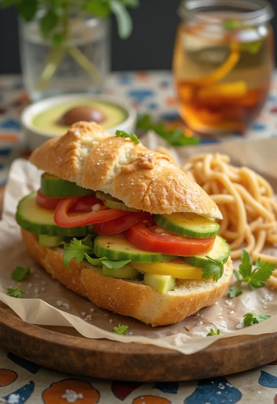 Bocadillo con verduras, servido con baguette tostada y ensalada fresca