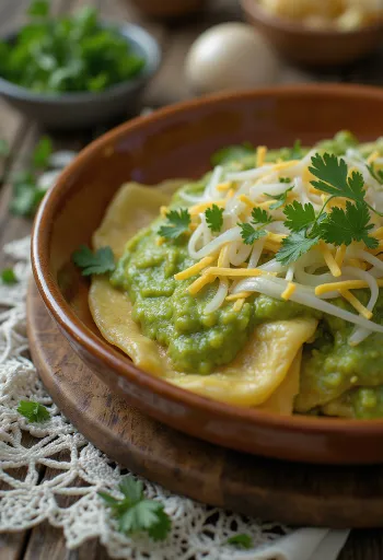 Chilaquiles verdes cubiertos de salsa verde, servidos con crema y queso rallado