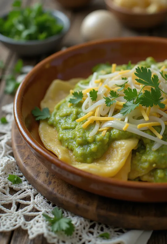 Chilaquiles verdes cubiertos de salsa verde, servidos con crema y queso rallado