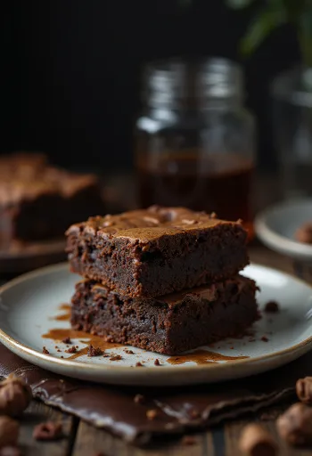 Brownie de chocolate con corteza crujiente e interior suave, cortado en cuadros