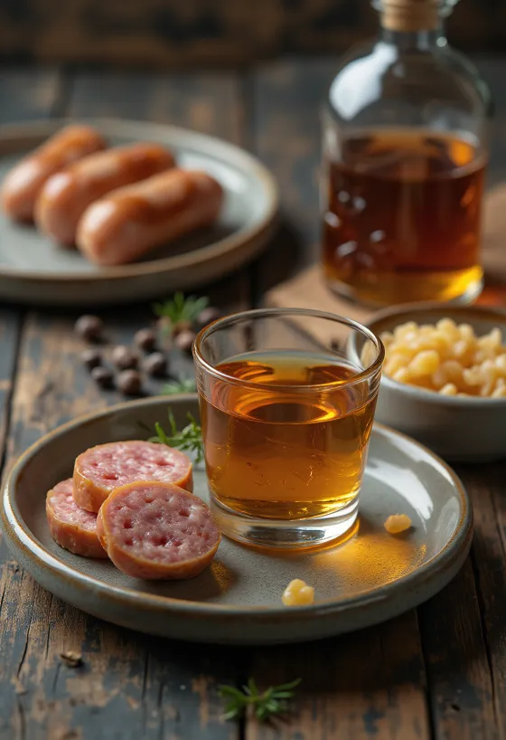 Licor de chorizo ahumado en botella, junto con chorizo y especias