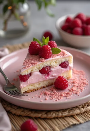 Pastel de yogur y frambuesa servido con frambuesas frescas y azúcar glass