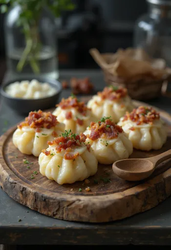 Sztrapacska con queso de oveja servida con crema y tocino frito.