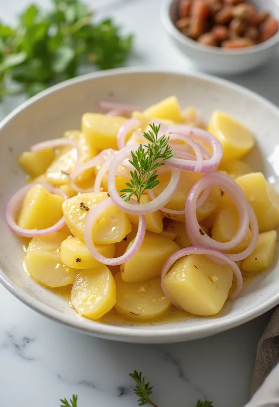 Ensalada de papa fresca con papas cocidas, cebolla morada y perejil fresco servida.