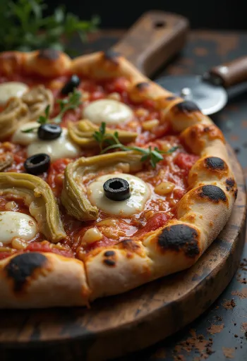 Pizza ai Carciofi e Olive con alcachofas y aceitunas negras