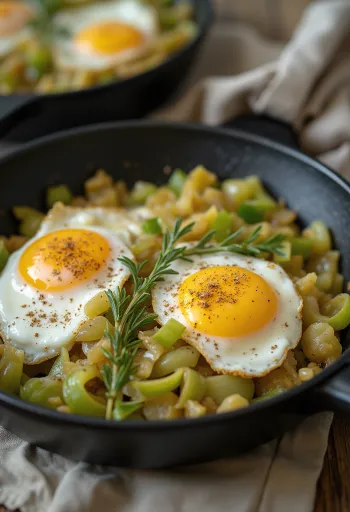 Platillo prebiótico de puerro con huevo y crema ácida, decorado con perejil fresco