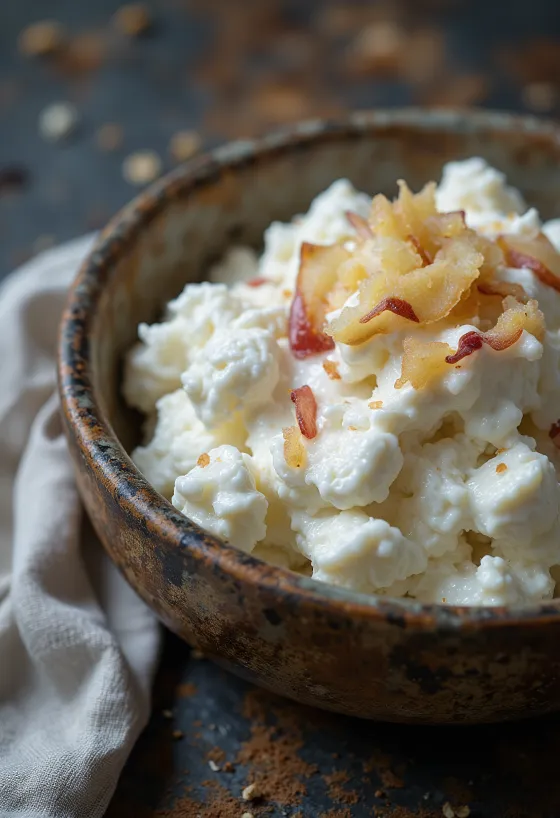 Kéfir probiótico con requesón servido con rebanadas de manzana