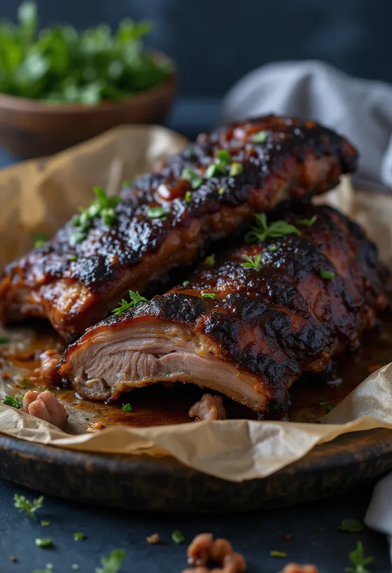 Costillas de búfalo ahumadas servidas en una bandeja rústica con salsa barbecue.