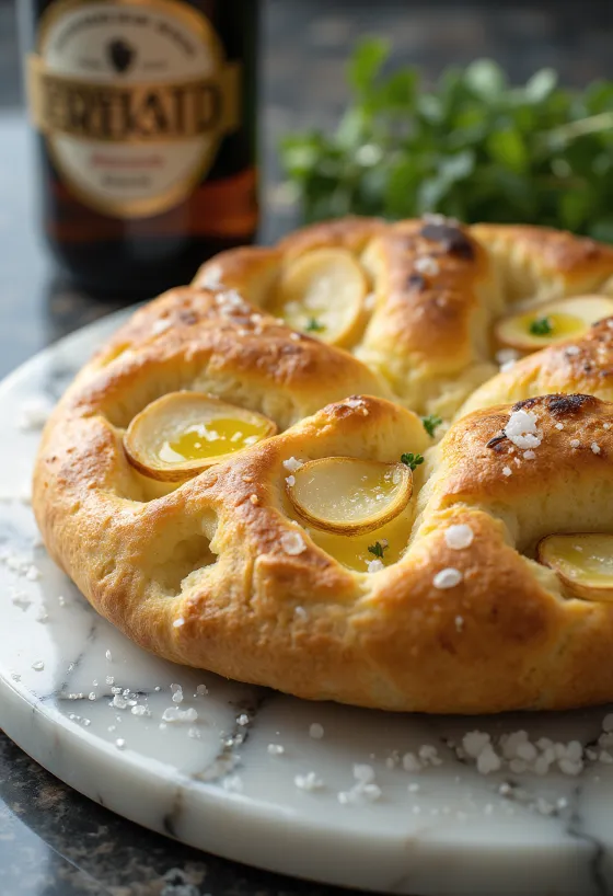 Focaccia de ajo con cerveza y sal servida