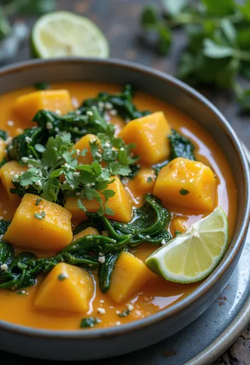 Curry de calabaza con espinacas servido