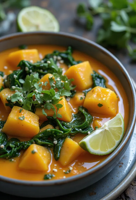 Curry de calabaza con espinacas servido