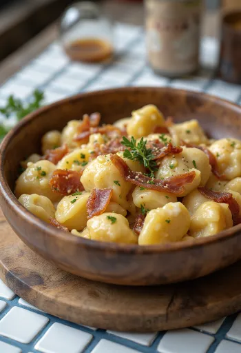 Sztrapacska con requesón de oveja y cubos de tocino frito crujiente