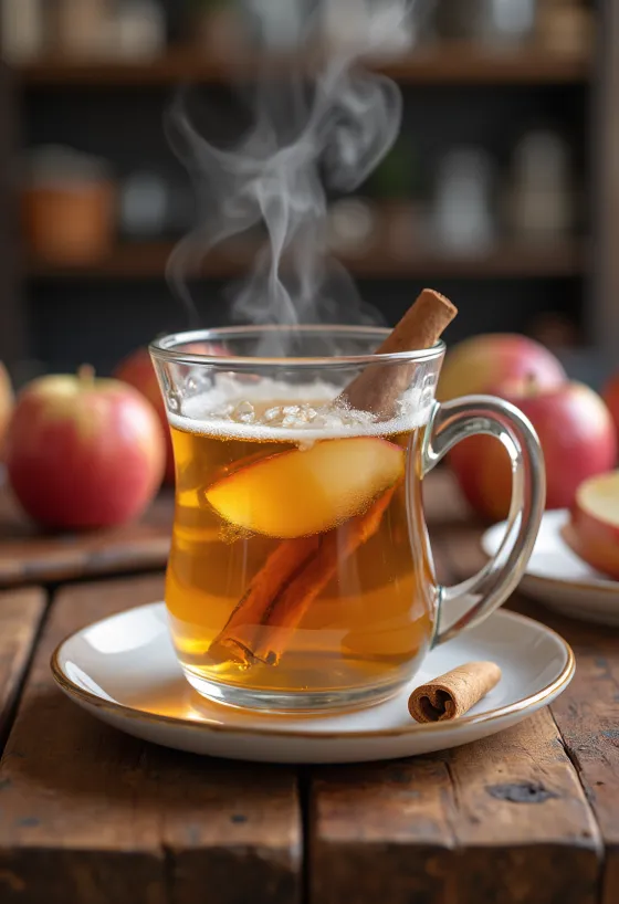 Bebida caliente de manzana y canela en taza, decorada con ramas de canela y rodajas de manzana
