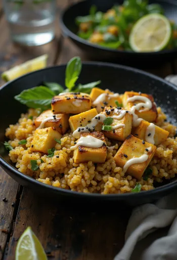 Wok de tofu y quinoa con tahini al curry servido