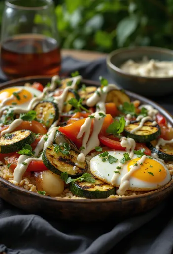 Verduras a la parrilla con aderezo de tahini, decoradas con perejil