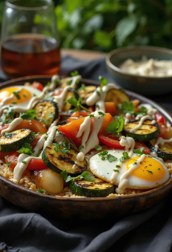 Verduras a la parrilla con aderezo de tahini, decoradas con perejil