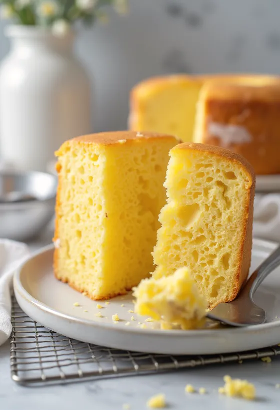 Bizcocho casero cortado en rebanadas, con una capa superior dorada