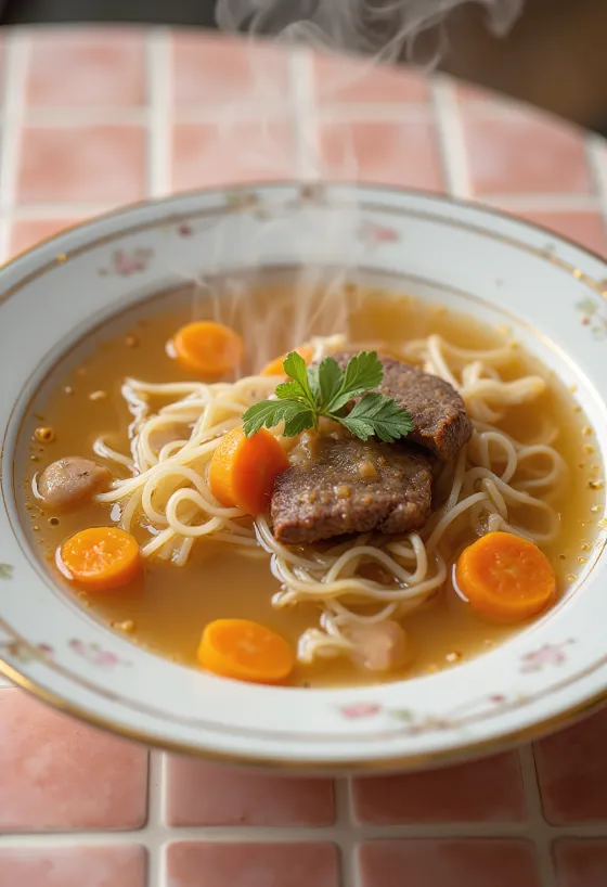 Caldo de res servido con verduras frescas y fideos