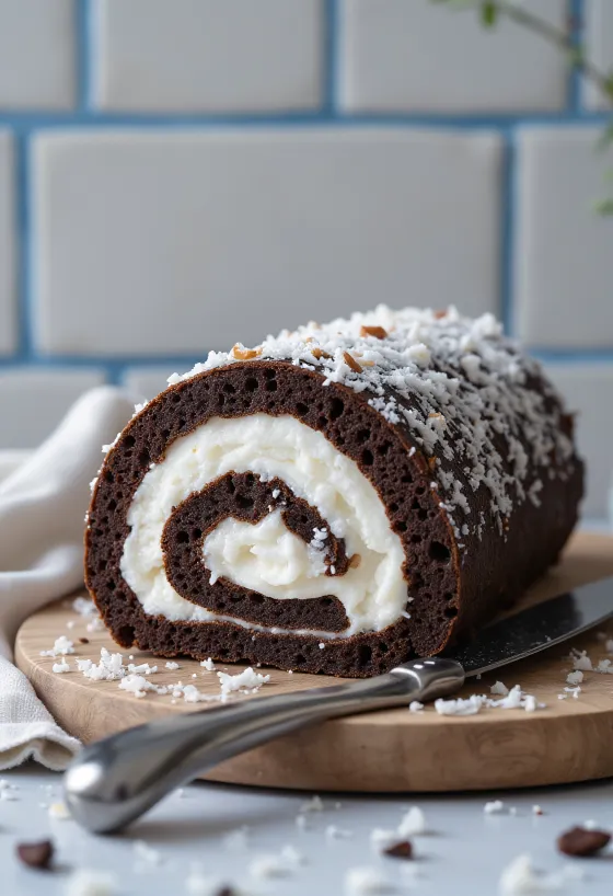 Rollo de coco y chocolate rebanado sobre un plato