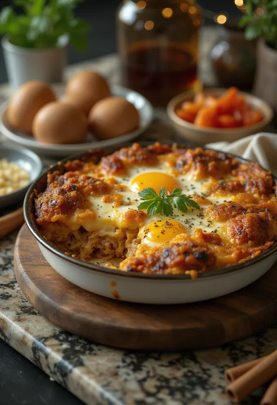 Moussaka especiada, con capas de carne y requesón