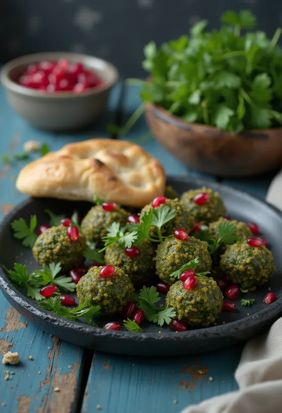 Pkhali con cilantro servido con granos de granada